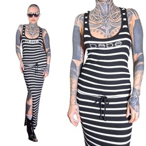 Bebe Rhinestone Logo Ribbed Stretchy Bodycon Dress Black White Striped Sz Small